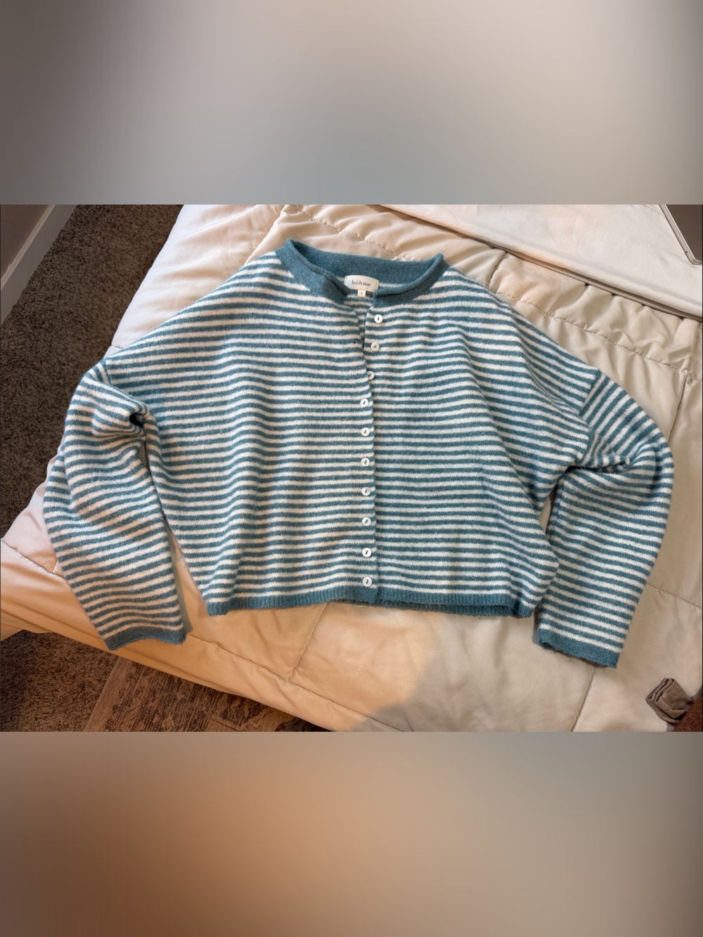 bohme Teal and White Striped Cropped Button-Front Cardigan